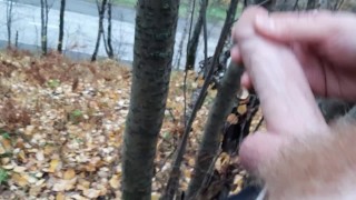 Симпатичный парень дрочит большой волосатый хуй возле дороги