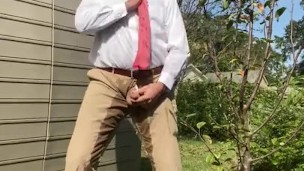Rex Mathews humiliated pissing himself in shirt and tie jerking off and Cum in pants