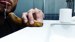 Bearded Mature Man Gives Banana a Good Blowjob with Cumshot Included, Give Me Your Cock Please