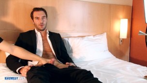 French hetero in suit trousers, gets wanked by a guy !