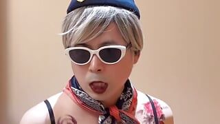 Asian sissy dancing and stripping iin flight attendant uniform