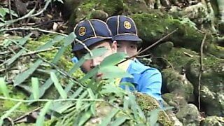 Slim Asian scout sucks and bangs bottom in outdoor duo