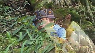 Slim Asian scouts banging in outdoor couple scene after blowjob