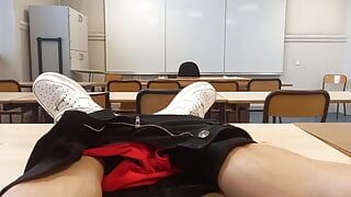 Horny at school during course revision, this French-Asian student takes out his cock in public, jerks off in a risky university
