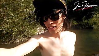 Jon Arteen slim Asian twink boy dancing musical strip-tease on beach smiling showing full pubes outdoor gay porn shoes