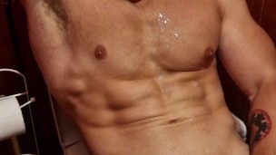 POV – You catch me jerking off in the toilet until I cum on my chest