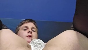 Chubby sissy rides dildo