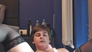 Femboy Sissy rides dildo and cums a lot