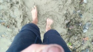 Stepping in mud barefoot – dirty feet and jerk off and stepping on own cum at the end
