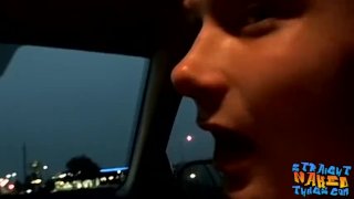 Straight thuggish dude stroking dick publicly in car