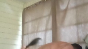 Beefy Tatted Up Hunk Bends Over The Couch and Trys To Fuck His Tight Hole With Spatula