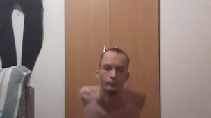 Baldy skinny teen shows off his ribs and small ass while in leggings