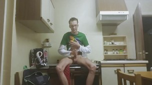 Horny white boy strokes his juicy cock till he wants to cum on his own face