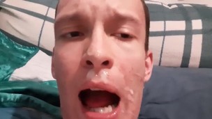 Swallowing and spitting out my cum after I gave my face a facial
