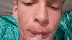Very horny skinny teen cums in his mouth and has it dripping down his chin