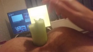 Very skinny shoves cucumber up his small anus